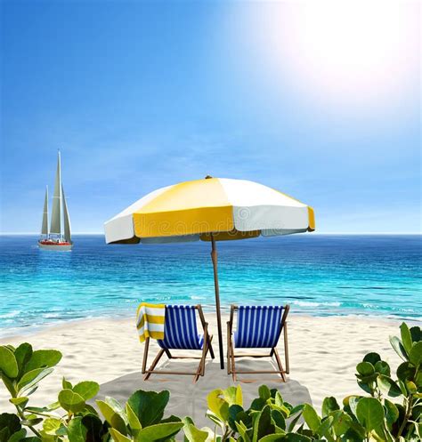 Beautiful Beach With White Sand Two Chairs Umbrella And A Sail