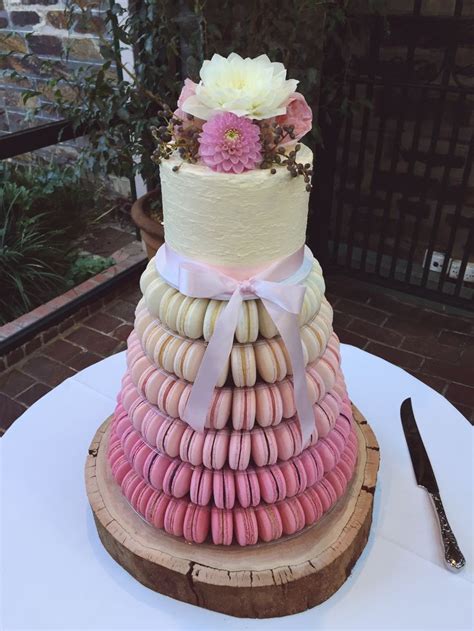 6 Tier Ombré Pink Macaron Tower With A White Chocolate Mudcake With