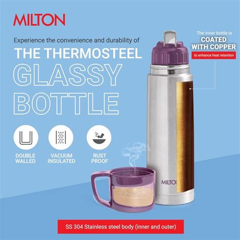 Buy Milton Glassy Thermosteel Hours Hot And Cold Water Bottle With Drinking Cup Lid L