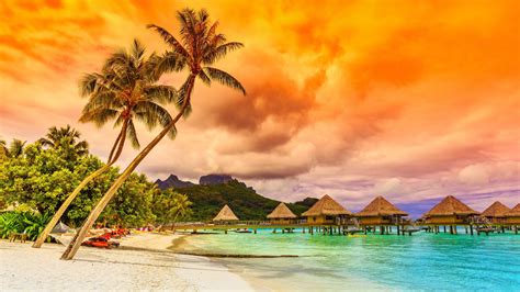 Sunset Tropical Sea Beach Bora Bora Bungalows In Water Pond Coconut