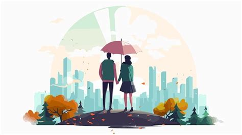 Romantic Couple Under Umbrella On A Summer Day Premium Ai Generated Vector