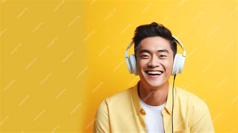 Premium Ai Image Happy Handsome Asian Man Listening To Music On