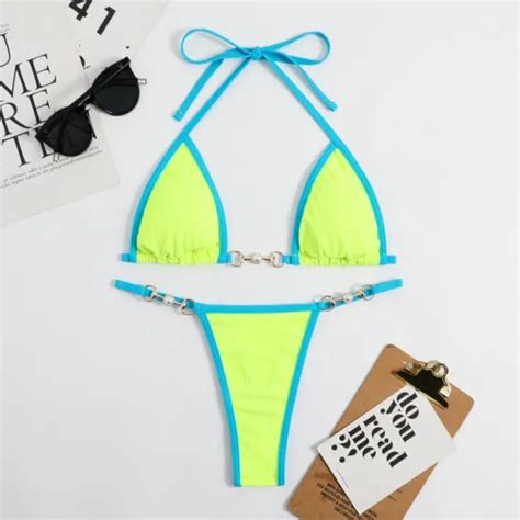 Patchwork Color Hanging Neck Triangle Bikini Set Sexy Beach Swimsuit Bikini And Micro Bikini Price