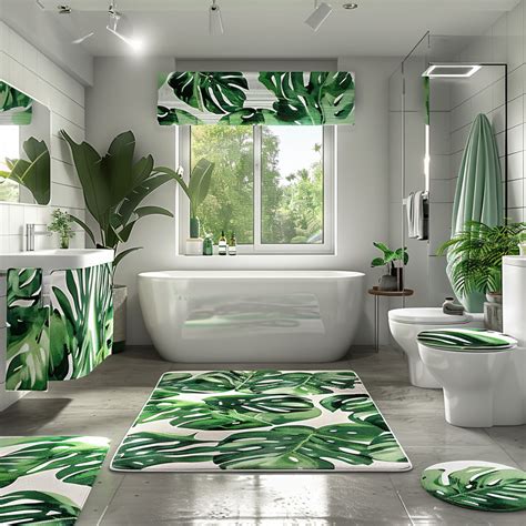 Monstera Leaves Tropical Rainforest Bathroom Set Green And White Ed Floor