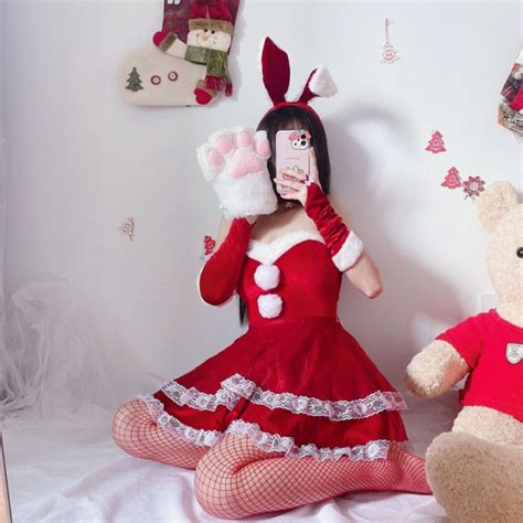 Red Christmas Xmas Lady Santa Claus Cosplay Costume Lolita Velvet Sexy Lingerie Bunny Girl Tube
