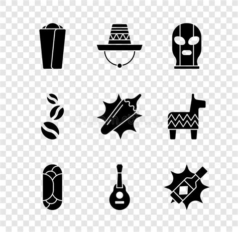 Set Burrito Mexican Sombrero Wrestler Guitar Tabasco Sauce Coffee Beans And Hot Chili