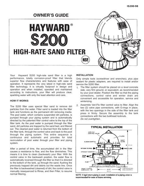 Hayward S200 High Rate Sand Filter Owners Guide Pool Center