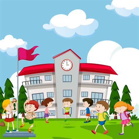 Students playing in front of school 455459 Vector Art at Vecteezy