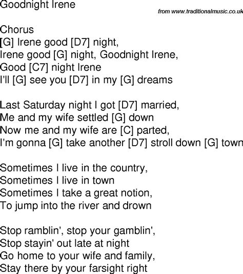 Old time song lyrics with guitar chords for Goodnight Irene G