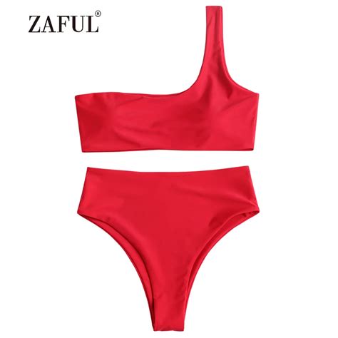 ZAFUL One Shoulder Bikini Padded Women Swimsuit High Cut Bikini Swimwear Sexy High Waisted Solid