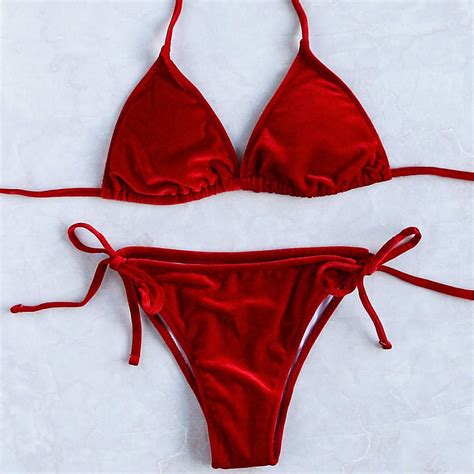 Red Velvet Tie String Bikini Never Worn Only Depop