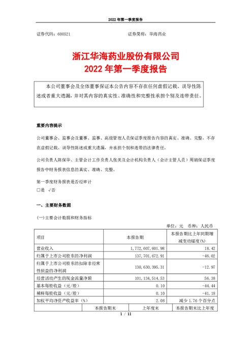 华海药业：浙江华海药业股份有限公司2022年第一季度报告