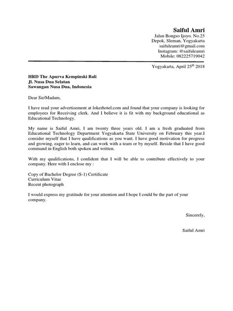 Contoh Surat Lamaran Kerja Bahasa Inggris Fresh Graduate Togopole