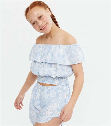 Girls Pale Blue Tropical Ruffle Bardot Top New Look