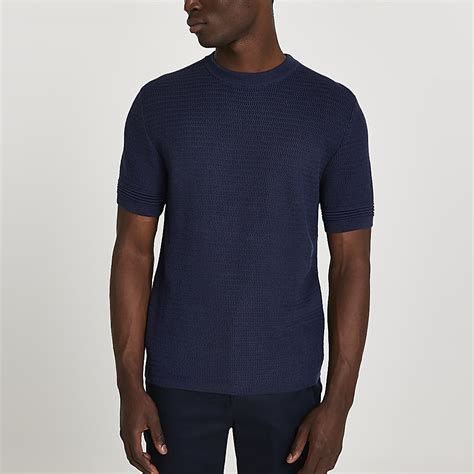 Navy Textured Slim Fit Knitted T Shirt River Island