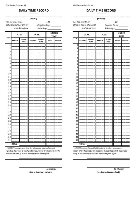 civil service form   daily time record dtr template studocu