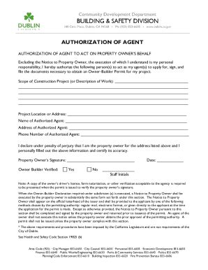 Fillable Online Authorization Of Agent To Act On Property Owner S