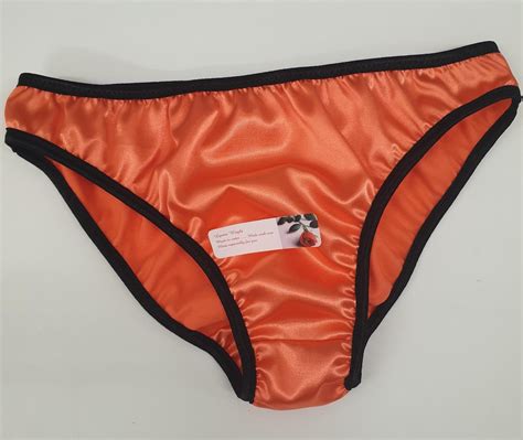 Orange Shiny Satin Plain And Simple Low Rise Sissy Panties Bikini Brief Knickers Black Trim Hand