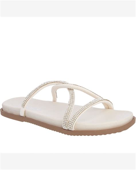 Riachuelo Rasteira Gabriela Flat Tiras Cruzadas Strass Corda Off White