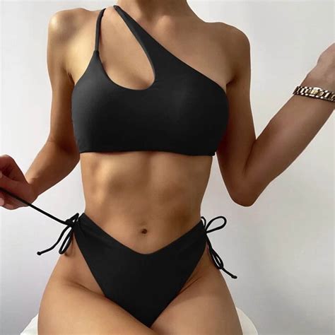 Summer Sale Tofotl Women S Sexy Cutout One Shoulder Bikini High Cut Tie Side Bottom Two Piece