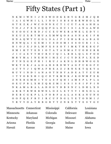 Fifty States Part Word Search Wordmint