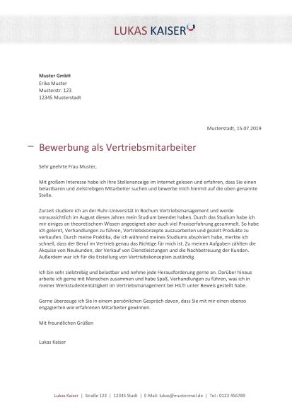 Bewerbungsmuster Mitarbeiter Im Vertrieb Kostenlos