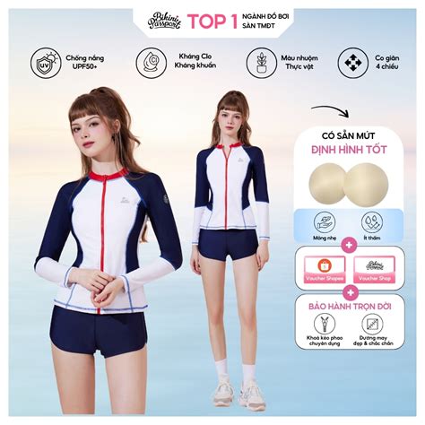 Bộ đồ bơi Nữ BIKINI PASSPORT kiểu Hai mảnh quần short áo tay dài khóa kéo trước Xanh Navy