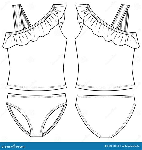 Girls Frill Bikini Fashion Flat Sketch Template Technical Fashion Illustration Short Bikini