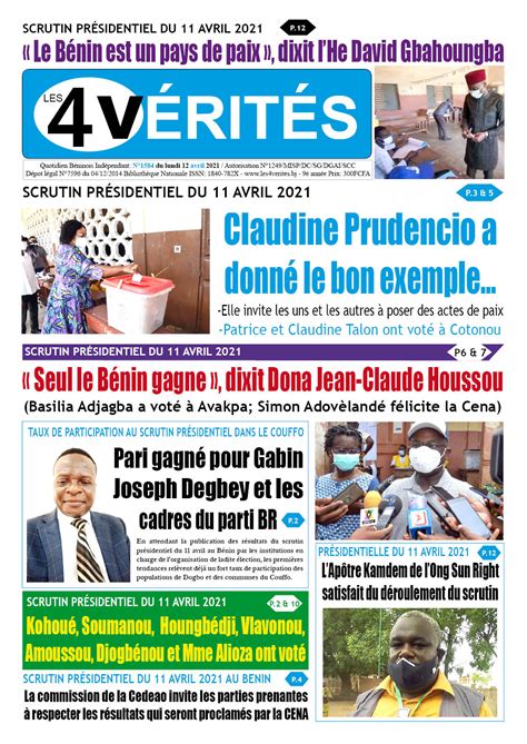 La Une du journal Les 4 Vérités du lundi 12 avril 2021 Les 4 VERITES