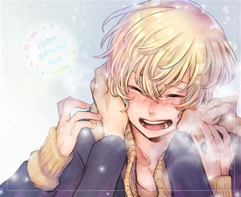 Safebooru 1boy 1other Blonde Hair Blue Jacket Blush Breath Brown Sweater Character Name