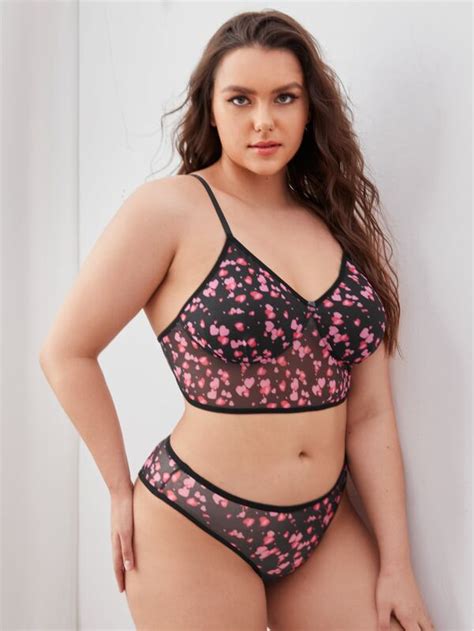 Plus Heart Pattern Mesh Lingerie Set Shein Usa