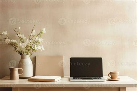 home office desk   neutral color palette  vase laptop  stack