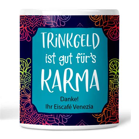 Trinkgeldkasse Trinkgeld ist gut fürs Karma personalisiert mit