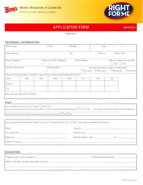 Wendy's Printable Job Application - Printable Application