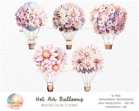 Daisy Hot Air Balloons Watercolor Clipart PNG Digital Etsy