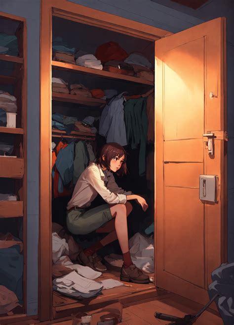 Lexica - Anime woman stuck in cramped dark closet, top down shot, dark