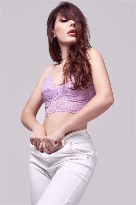 Beautiful Brunette Woman With Juicy Lips In Lingerie Stock Photo Image Of Elegant Happy