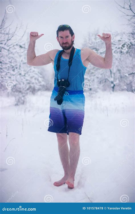 Naked Man With Camera Stand In The Winter Forest Stock Photo Image Of Hairy Torso 101578478
