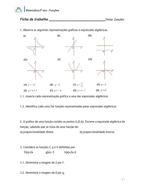 Ficha De Trabalho Mat 9º Ano Funções Pdf Sistema De Coordenada