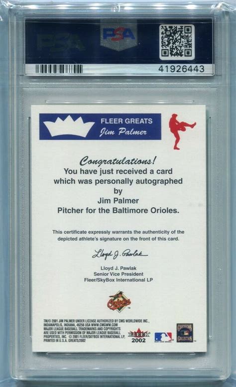 Fleer Greats Jim Palmer Hof Autographed Signed Auto Psa Ebay