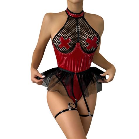 Midwennn Lingerie For Women Sexy Lace Up Leather Backless Teddy Lady Bodysuit Latex Pu Leather