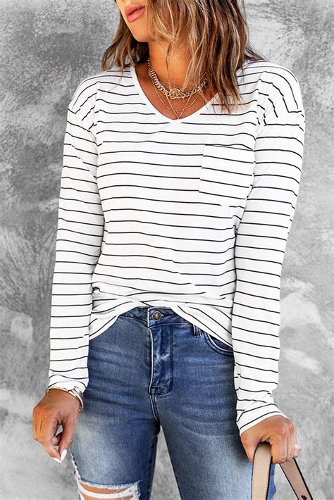 Tara Lynns Striped V Neck Long Sleeve Tee Long Sleeve Striped Top