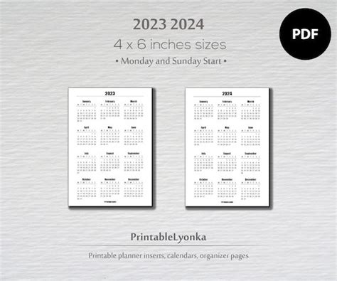 4 X 6 Inch 2023 2024 Yearly Calendar Printable Pdf Sunday - Etsy ...