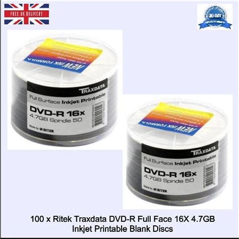 Ritek Traxdata DVD R Full Face 16x 4 7GB Inkjet Printable Blank Discs