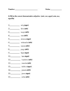 Spanish Demonstrative Adjectives Worksheets Adjetivos Demonstrativos