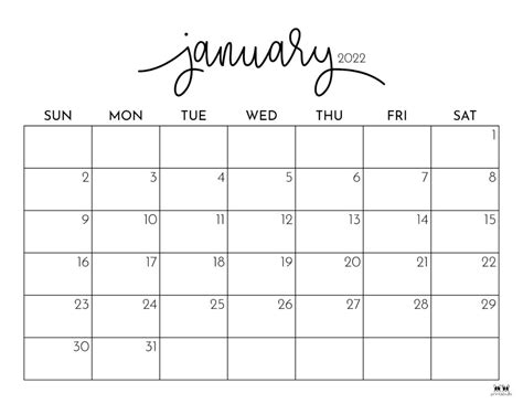 January 2022 Calendar Printable Free