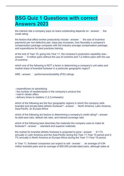 BSG Quiz 1 Questions with correct Answers 2023 - BSG - Stuvia US