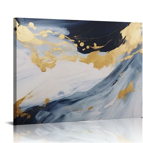 Onetech Large Abstract Canvas Wall Art Gold Decoration Blue Painting