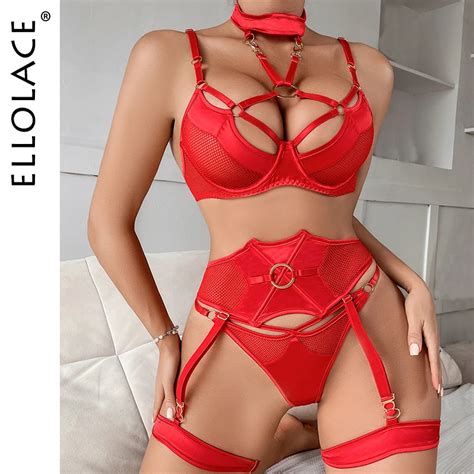 Ellolace Sexy Lingerie Luxury Romantic Fancy Underwear Halter Hot Bra Garter Sexiest Outfit
