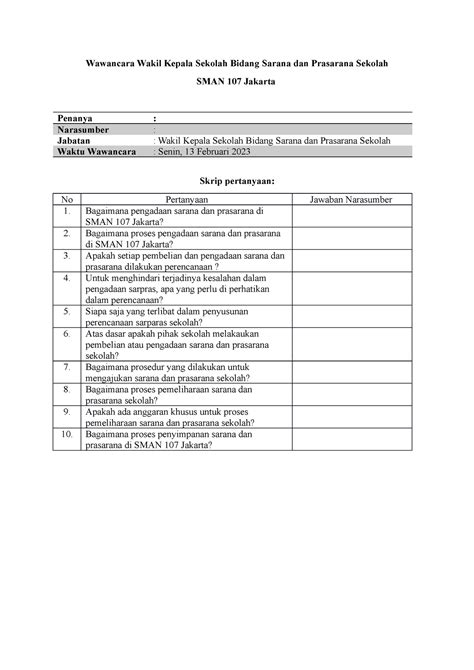 Pertanyaan Wawancara Wakepsek Bidang Sarpras Wawancara Wakil Kepala